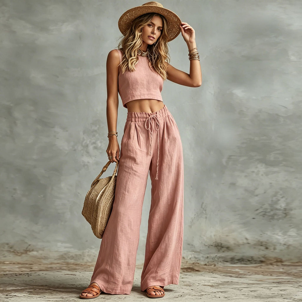 Vest Drawstring High-Waist Wide-Leg Pants Two-Piece Set