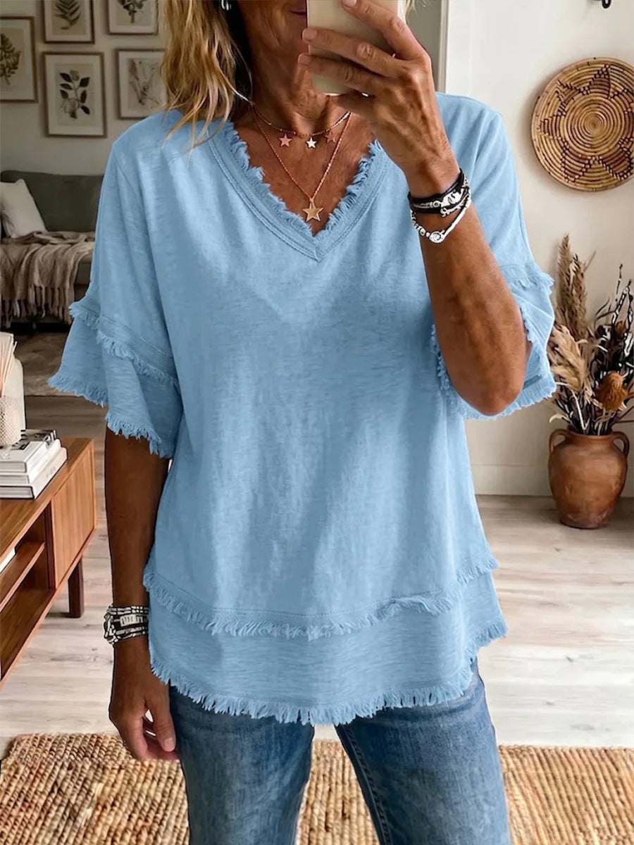 V-Neck Pullover Short-Sleeve Loose Shirt