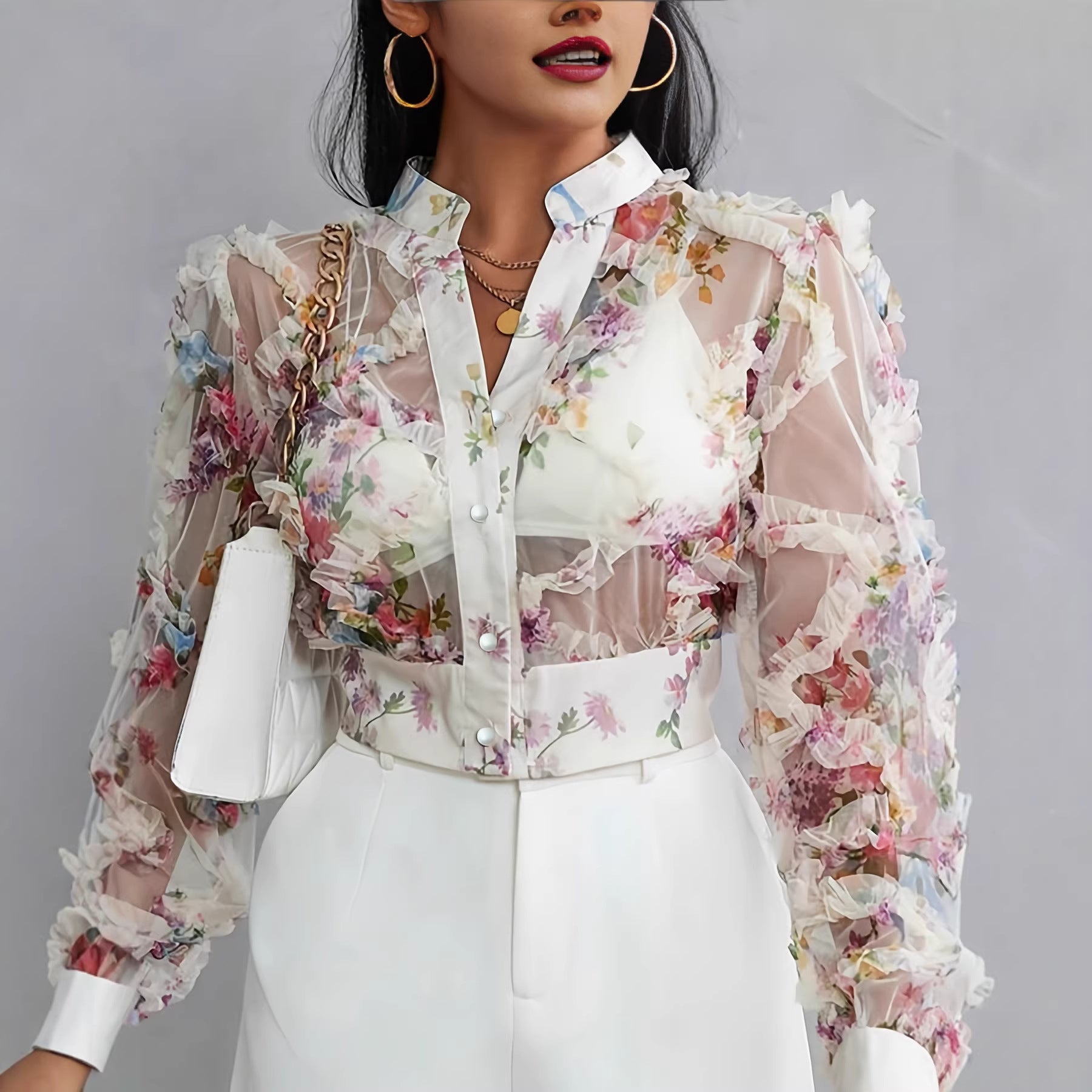 Lace Floral Chiffon Shirt Long Sleeve Ruffle-Trimmed Blouse