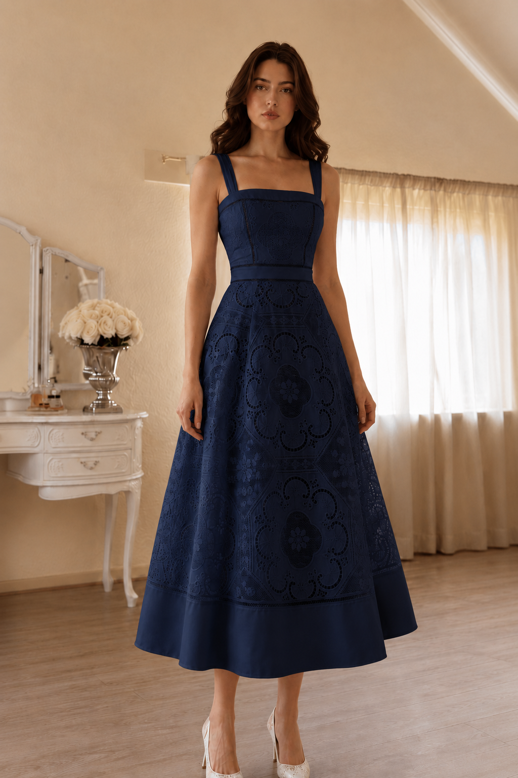 Square Neck Lace Midi Wedding Guest Dress
