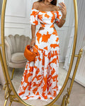 Off-The-Shoulder Printed Cutout Lace-Up Dress