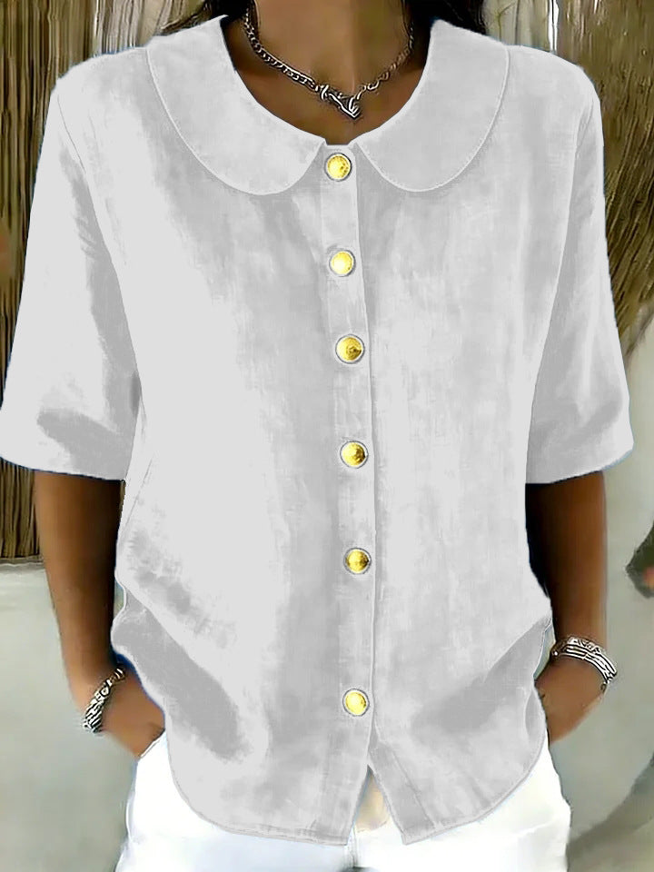 Elegant And Cotton-Linen Short-Sleeve Shirt With Buttons