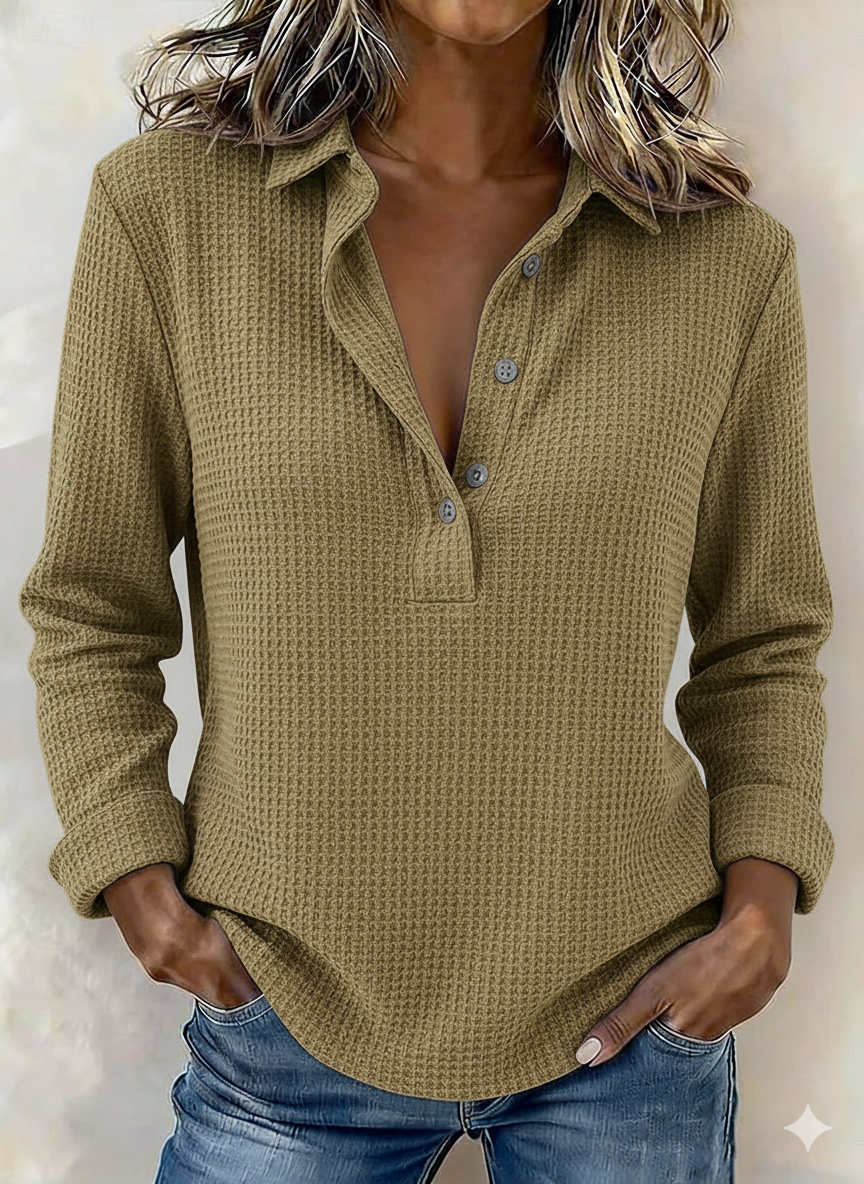 Women's Solid Color Lapel Casual Long Sleeve Waffle Shirt