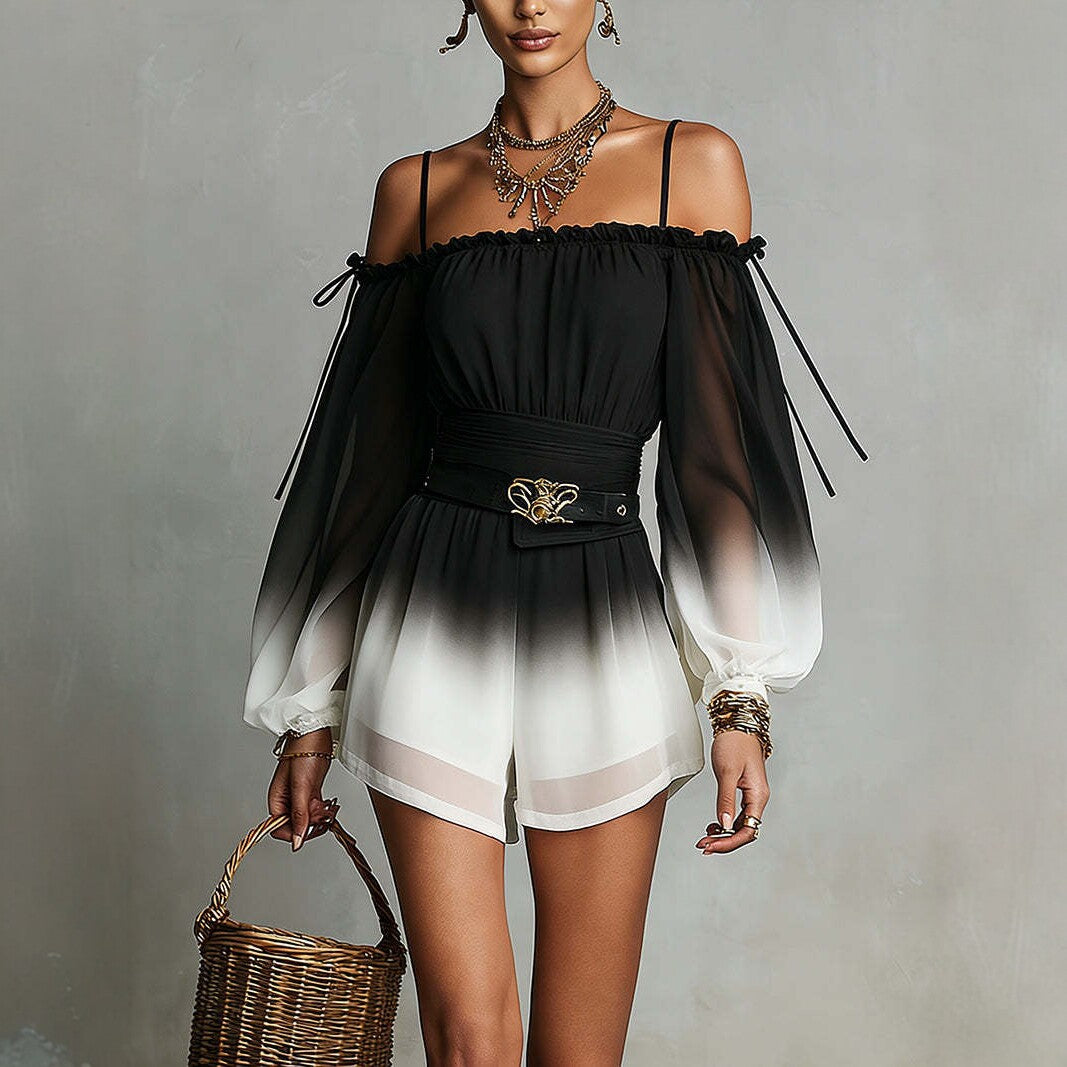 Off-Shoulder Ombre Jumpsuit Summer Sexy Bandage Waist-Fitted Shorts With Belt