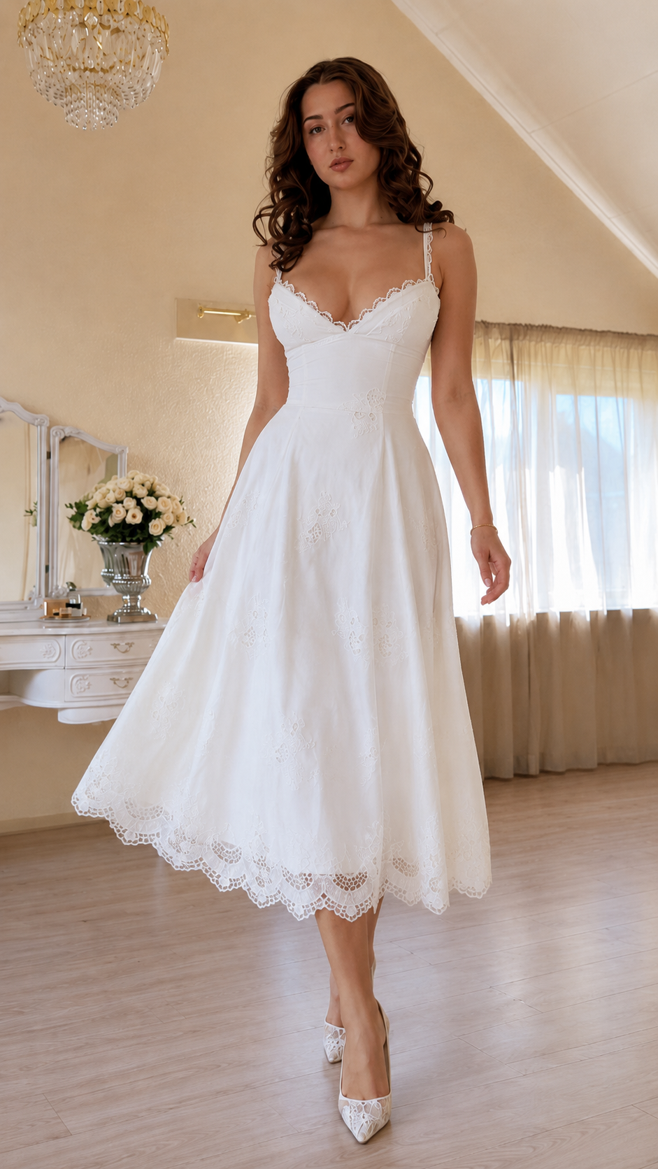 Lace Trim Spaghetti Strap Midi A-Line Dress