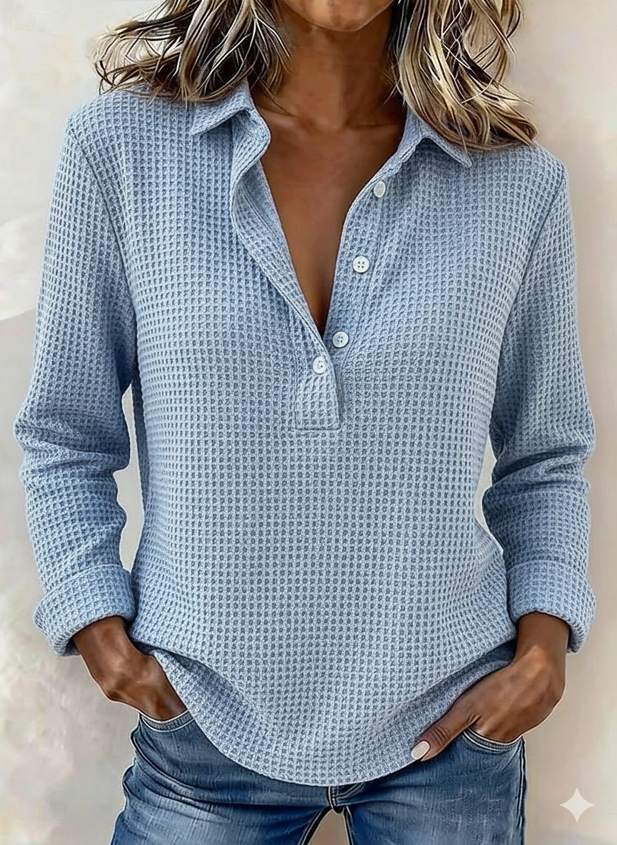 Women's Solid Color Lapel Casual Long Sleeve Waffle Shirt