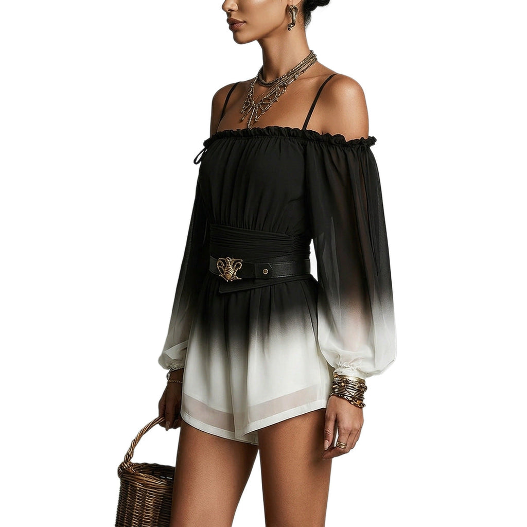 Off-Shoulder Ombre Jumpsuit Summer Sexy Bandage Waist-Fitted Shorts With Belt
