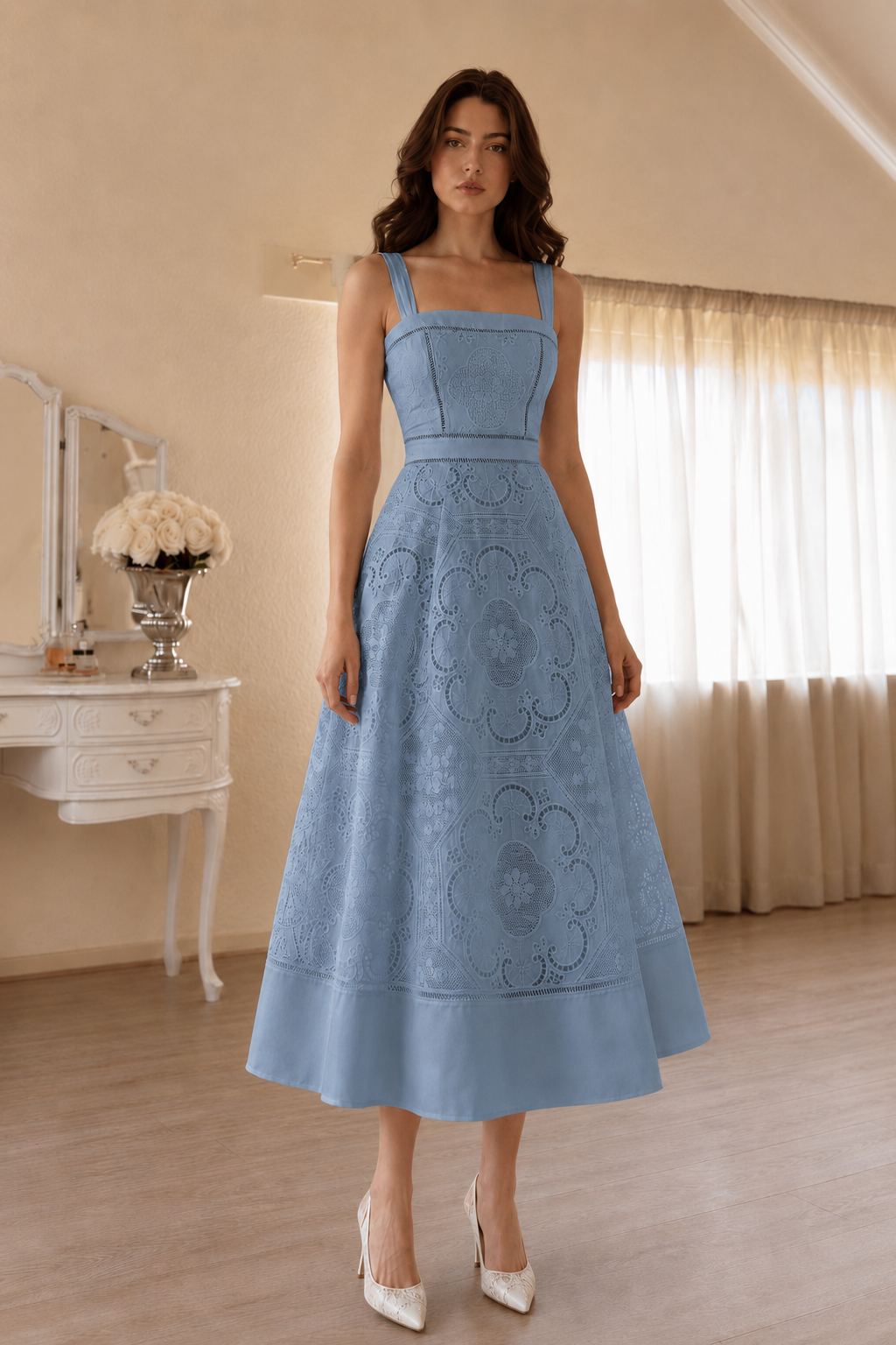 Square Neck Lace Midi Wedding Guest Dress