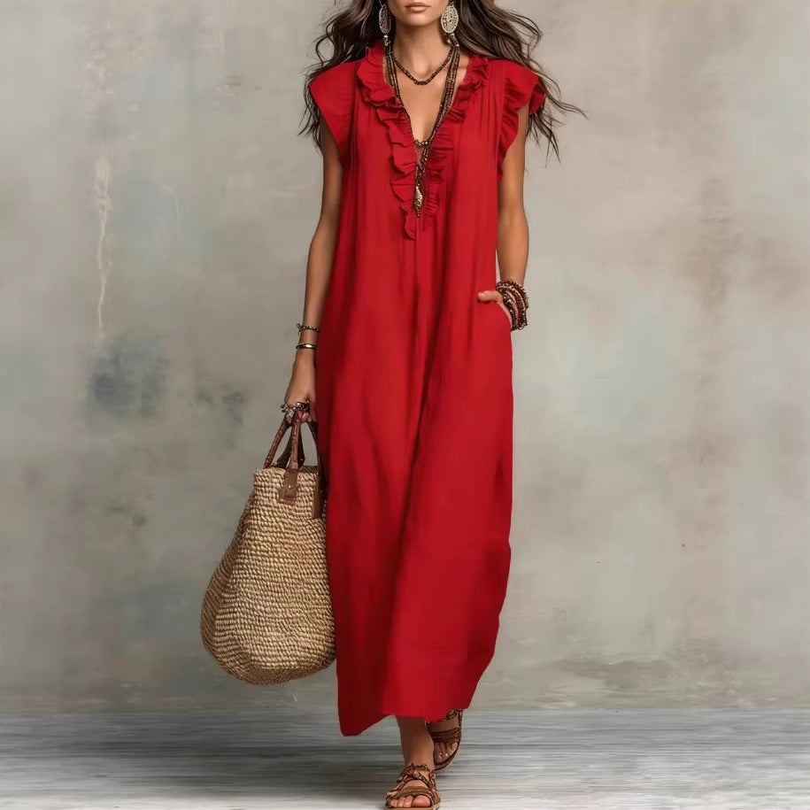 Bohemian Floor-Length Maxi Dress With Flutter Sleeves