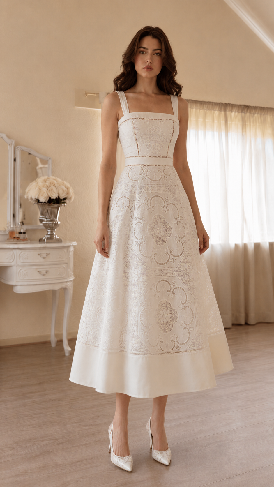 Square Neck Lace Midi Wedding Guest Dress