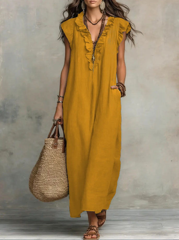 Bohemian Floor-Length Maxi Dress With Flutter Sleeves