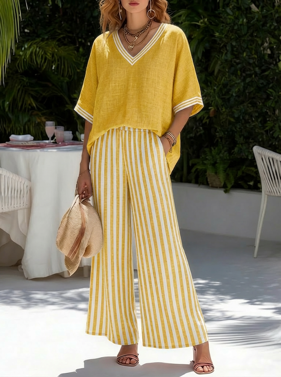 Casual Two-piece Set: Striped Linen & Cotton Patchwork Top And Striped Trousers