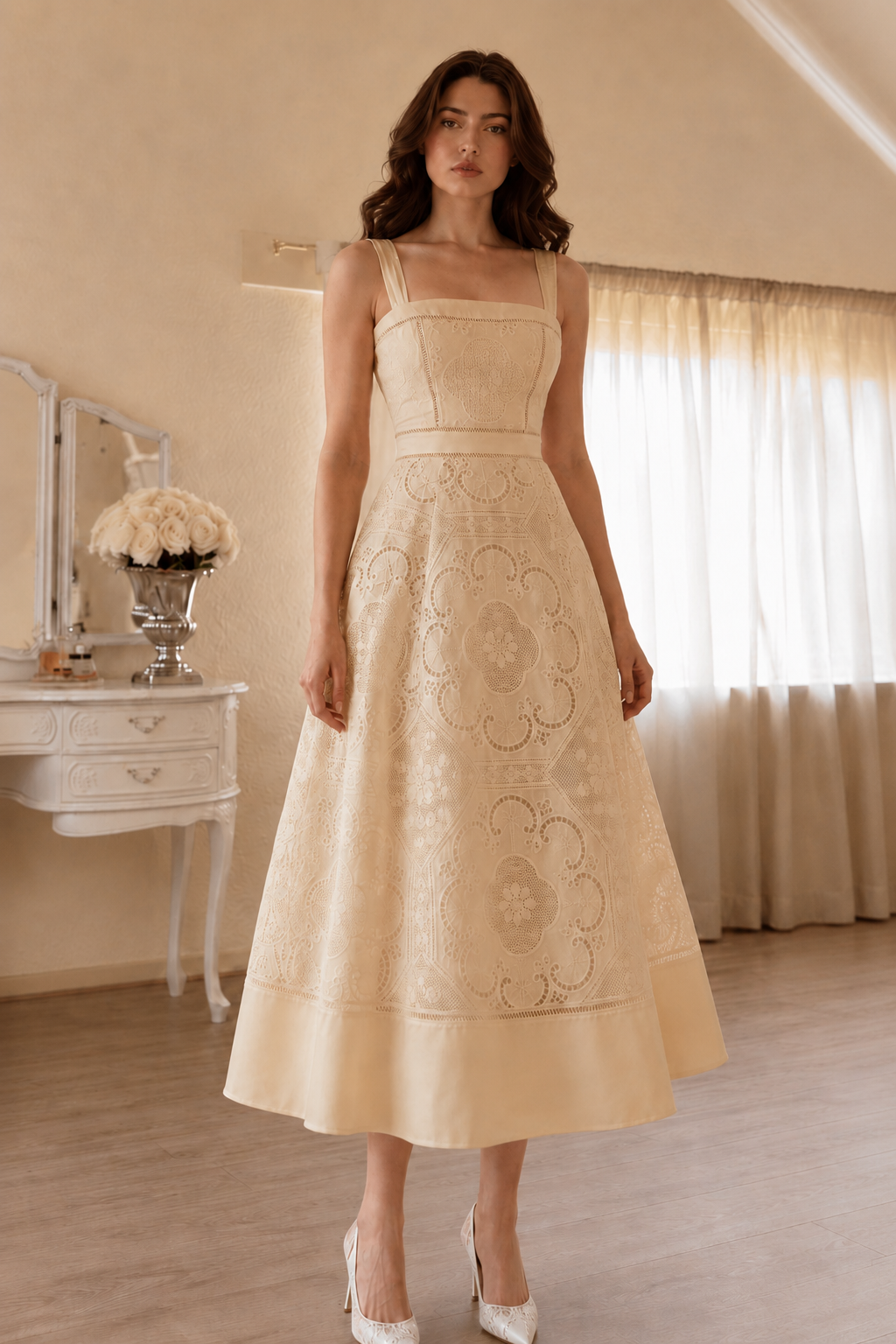 Square Neck Lace Midi Wedding Guest Dress