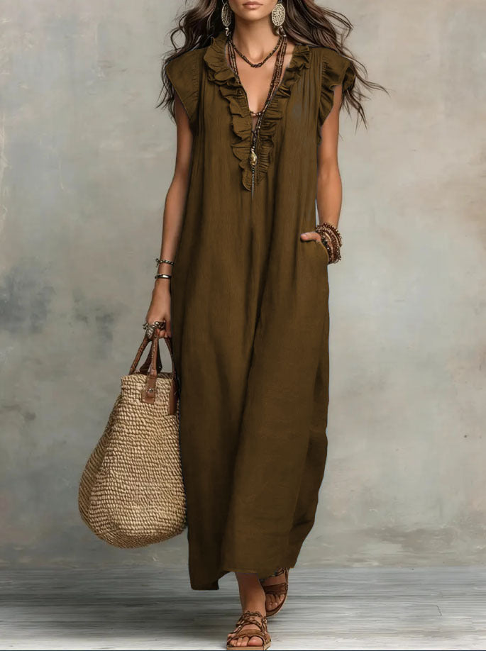 Bohemian Floor-Length Maxi Dress With Flutter Sleeves