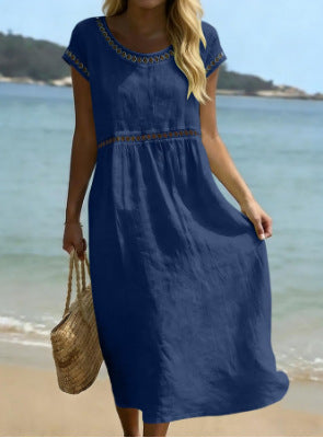 Elegant Round-Neck Cotton-Linen Dress With Embroidered Lace Trim