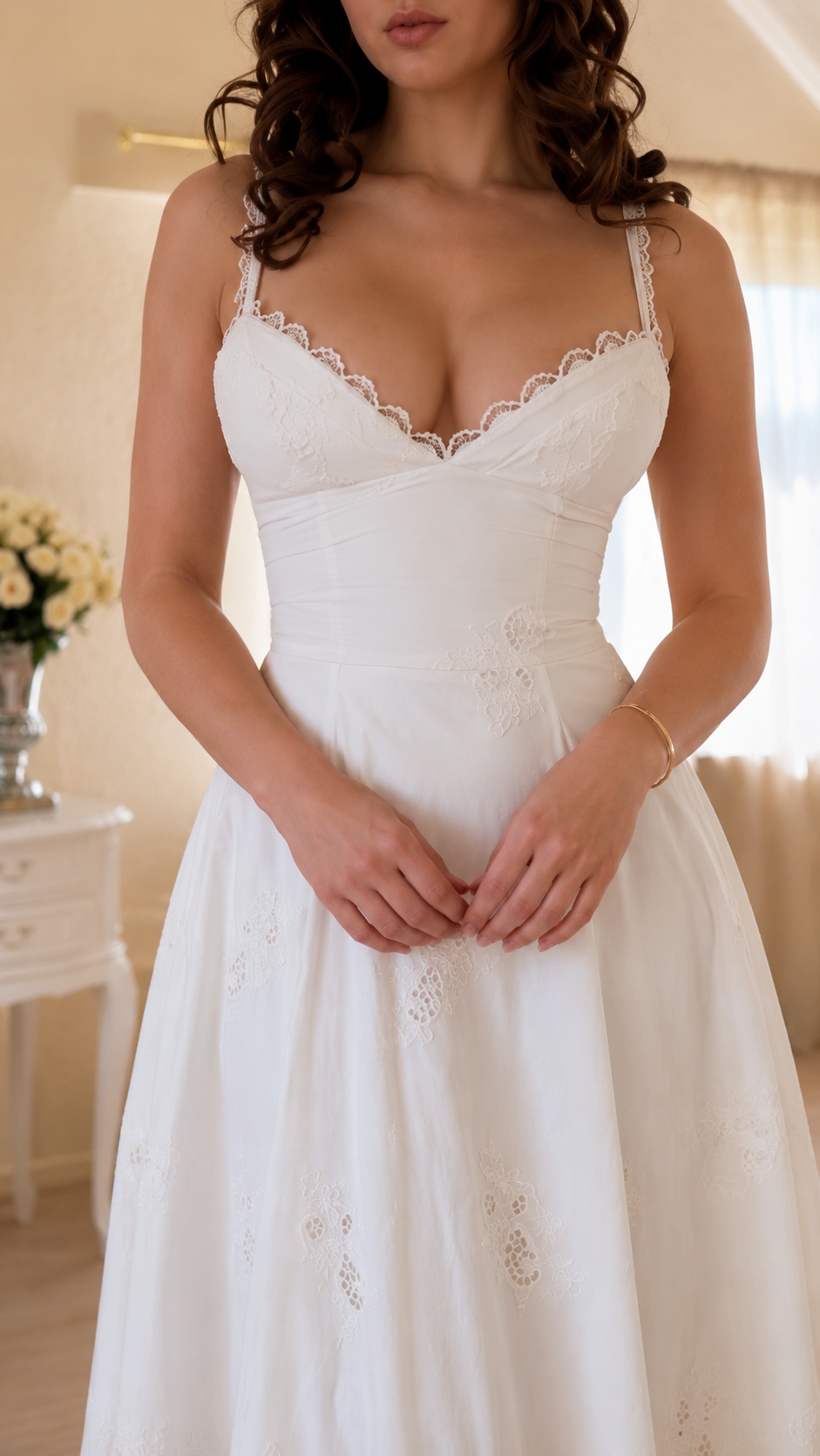 Lace Trim Spaghetti Strap Midi A-Line Dress