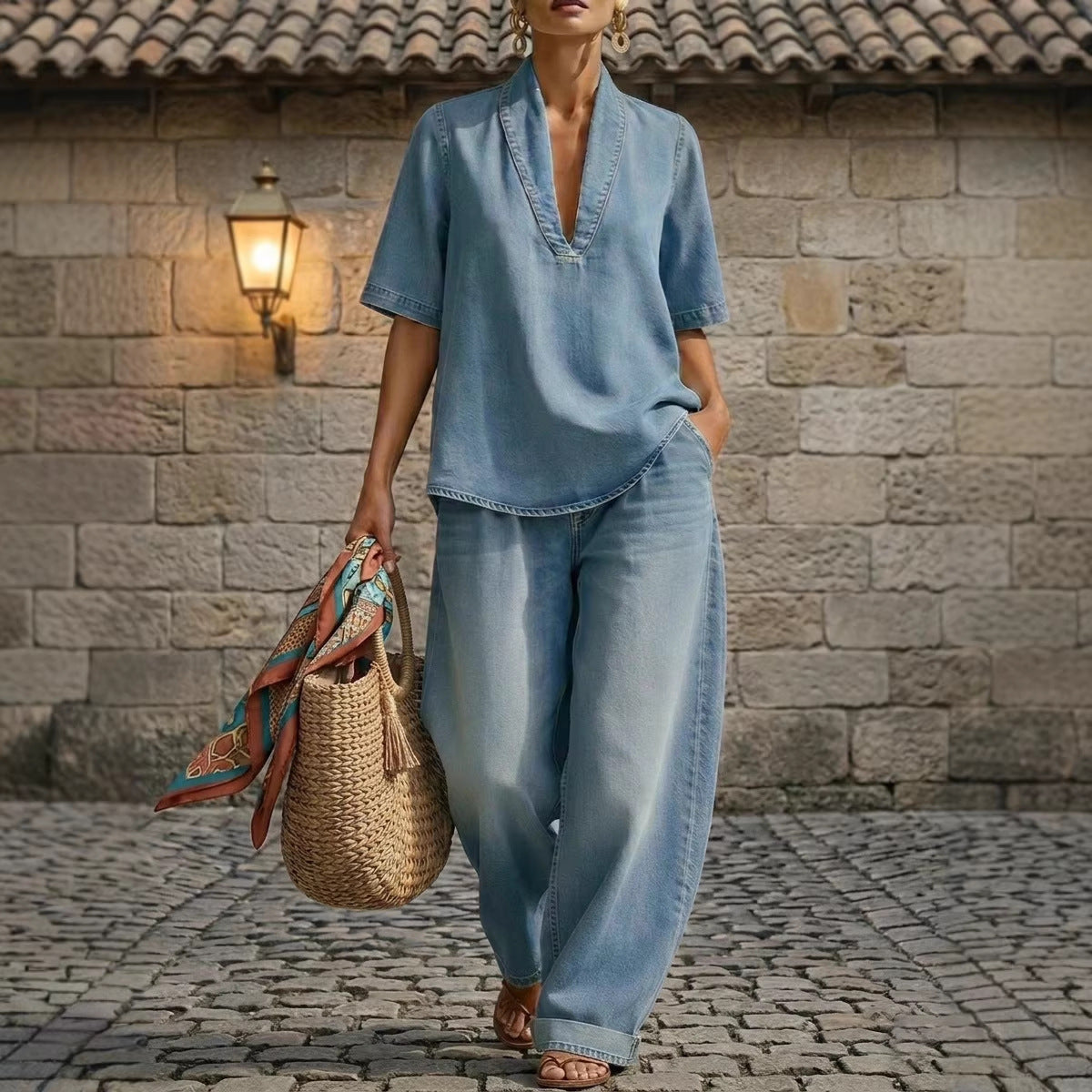 Retro V-Neck Denim Set Loose Half-Sleeve Top And Wide-Leg Pants Two-Piece